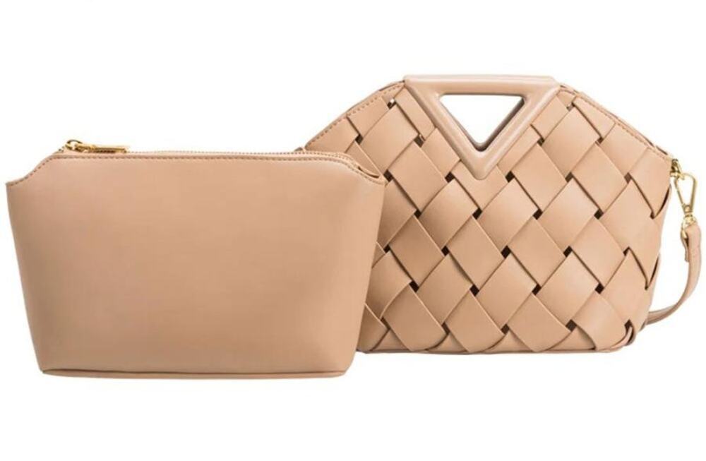 Melie Bianco Crossbody Bag Medium Irene Vegan Nude Woven Triangular Handle Strap